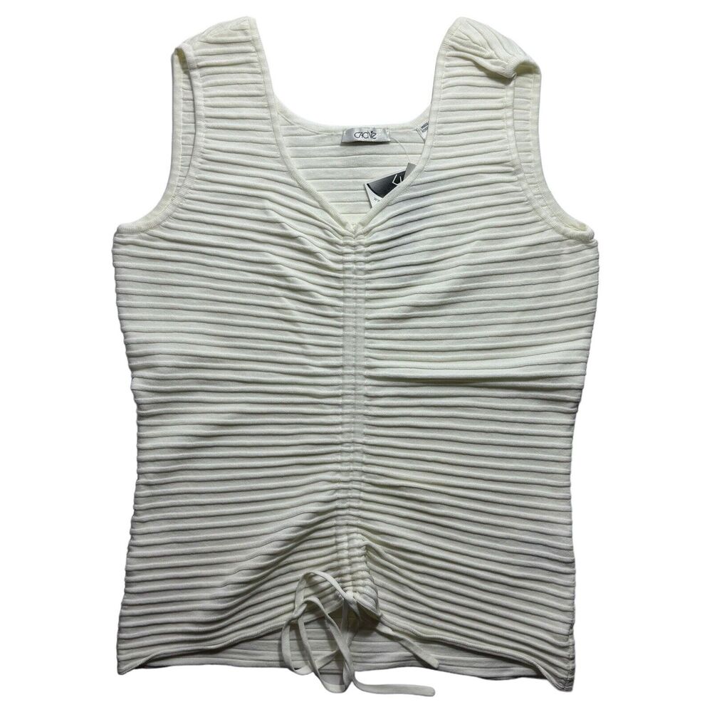 Cache Cropped Ottoman V-Neck Textured Top Ivory/Cream String White Woman's L NWT